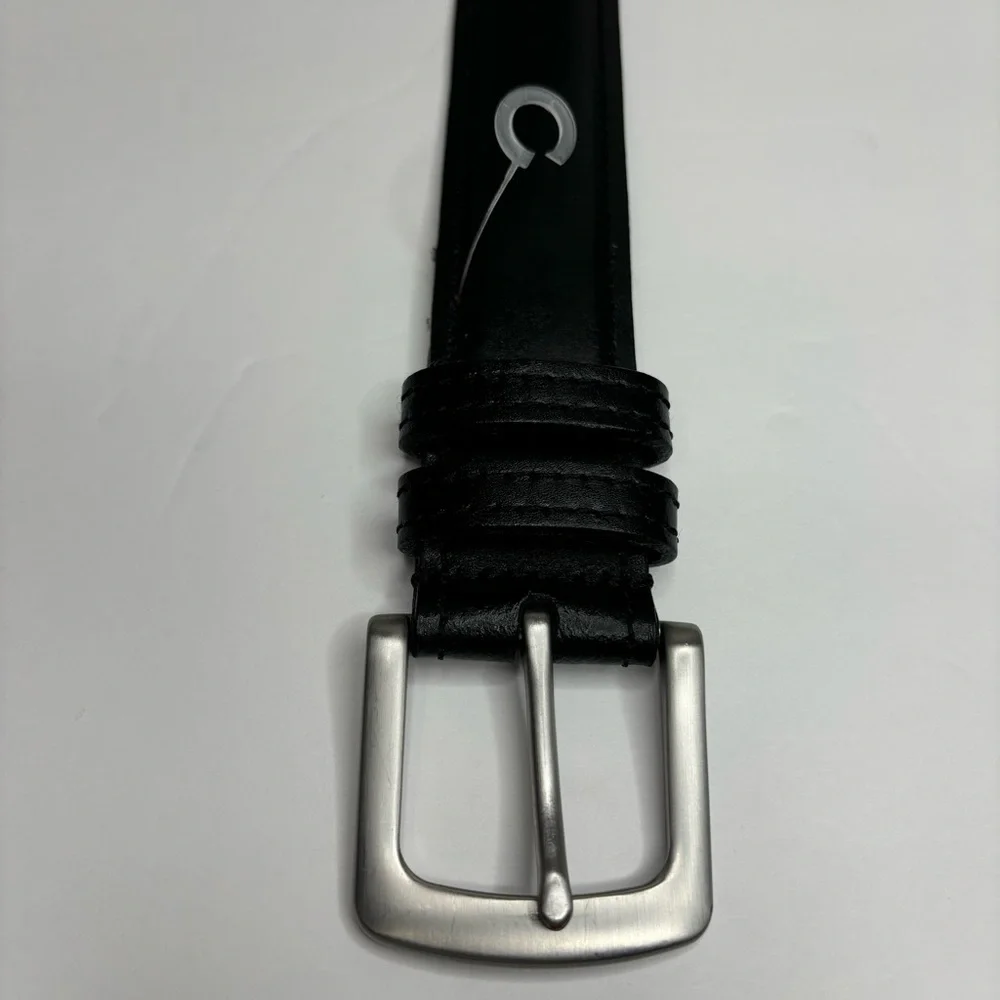 Men’s Black Leather Belt Polished Nickel (Silver/Gray Color) Size 42 / 40” Waist